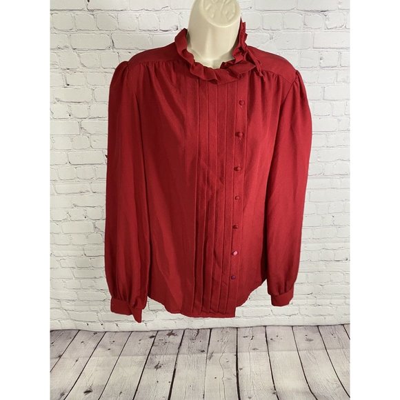VTG Lorch Red Button Up Pleated High Neck Ruffle Long Sleeve Blouse 12 - Picture 1 of 8